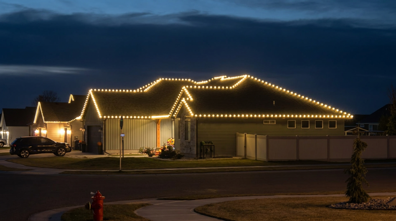 Home in Ammon with warm white C9 Christmas lights along the ridges