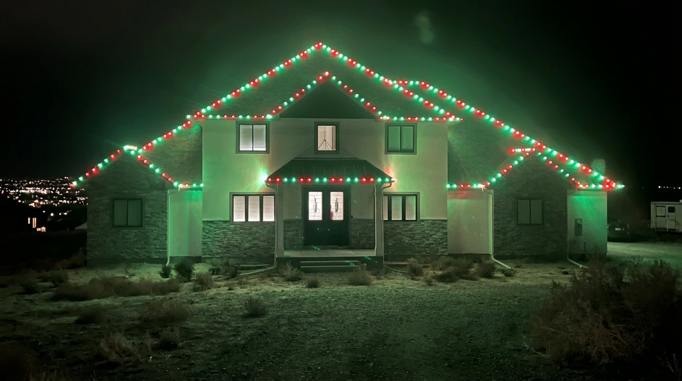 Two-story Ammon home outlined in red and green C9 Christmas lights along every roofline and peak